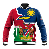 Unisex varsity baseball jacket with Namibia crest, red/blue/green striped front