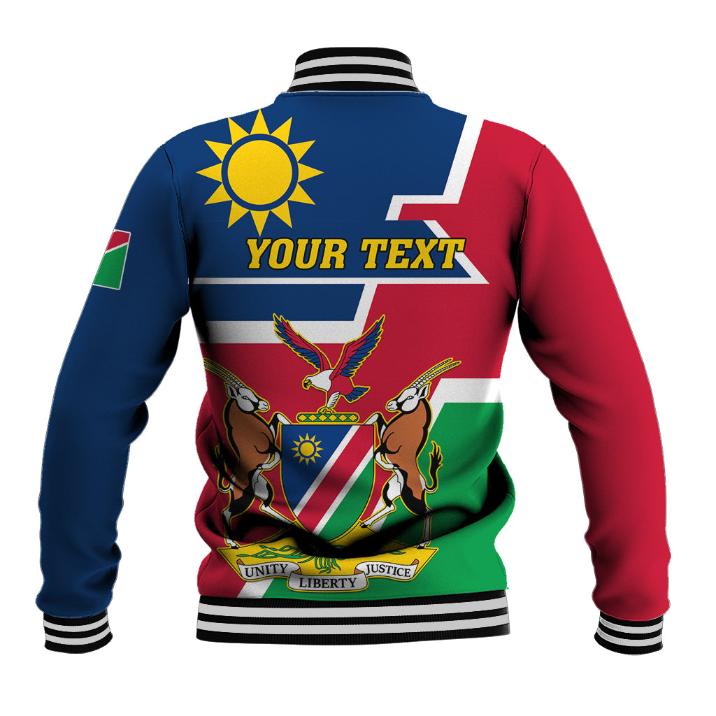 Unisex varsity baseball jacket, blue-red striped back with sun emblem and crest