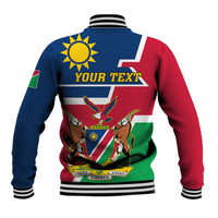Unisex varsity baseball jacket, blue-red striped back with sun emblem and crest