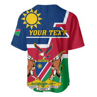 Baseball jersey back in blue with red and green flag stripes, coat of arms, YOUR TEXT