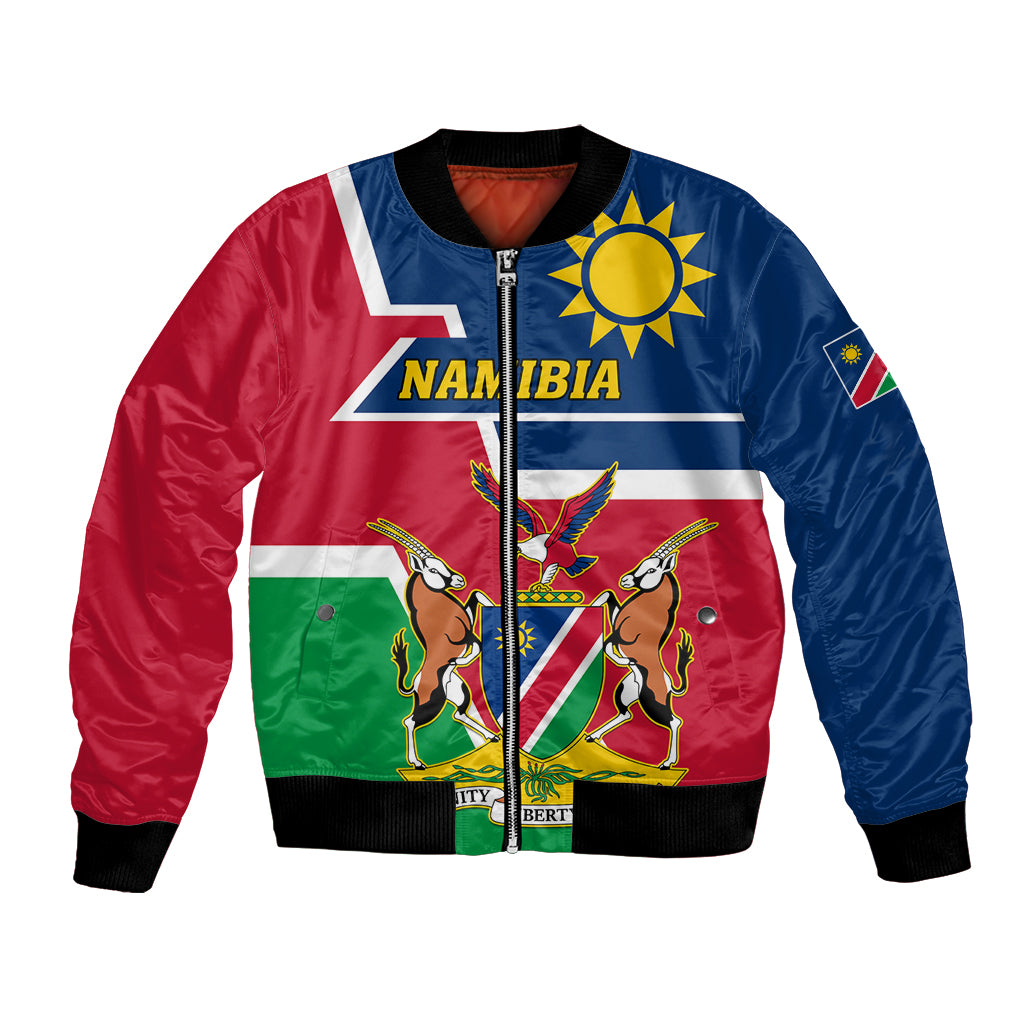 Namibia-inspired bomber jacket with emblem, striped flag panels, ribbed cuffs, full-zip front