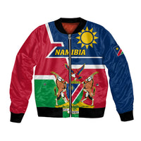 Namibia-inspired bomber jacket with emblem, striped flag panels, ribbed cuffs, full-zip front