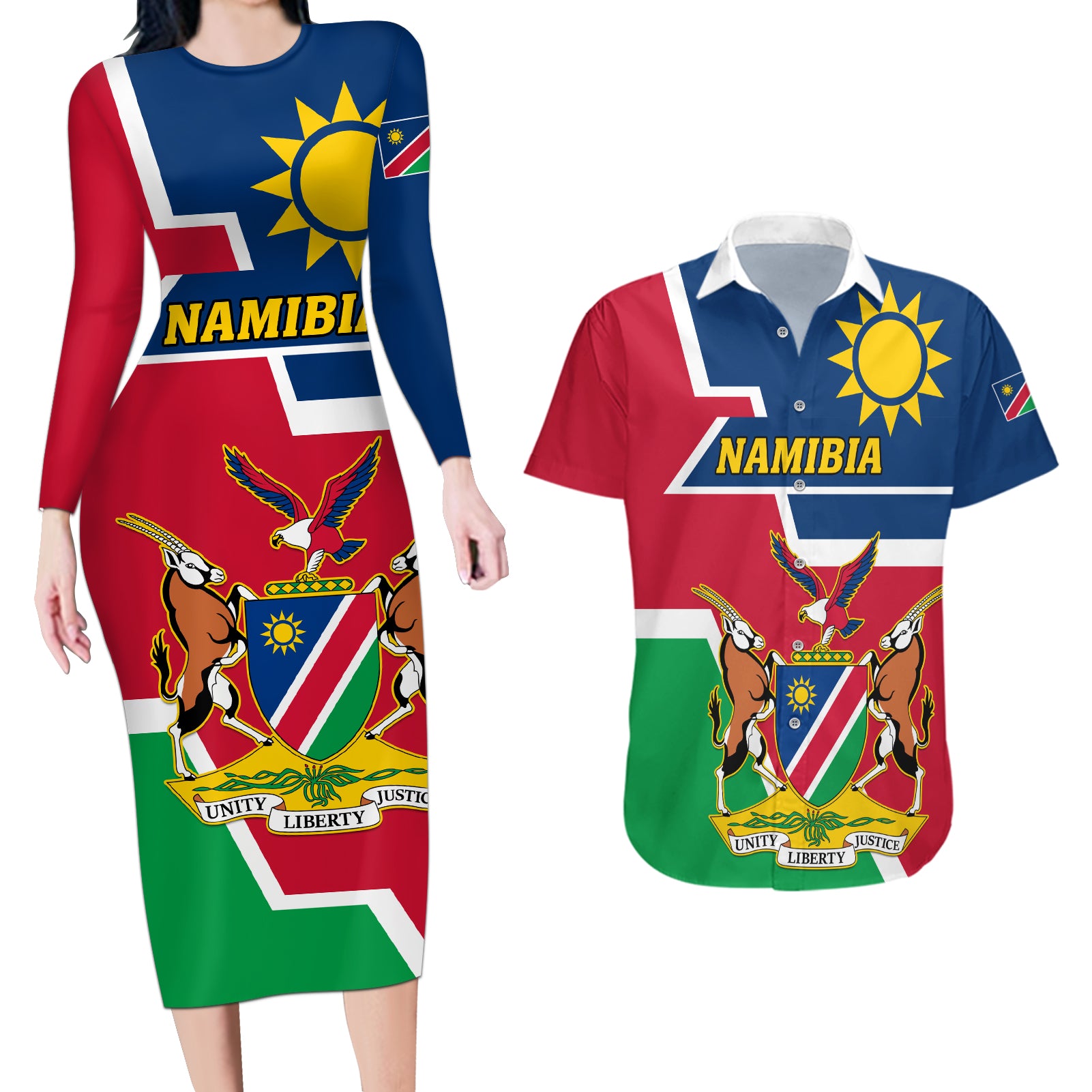 Namibia Independence Day Couples Matching Long Sleeve Bodycon Dress and Hawaiian Shirt Coat Of Arms Unique Style - Wonder Print Shop