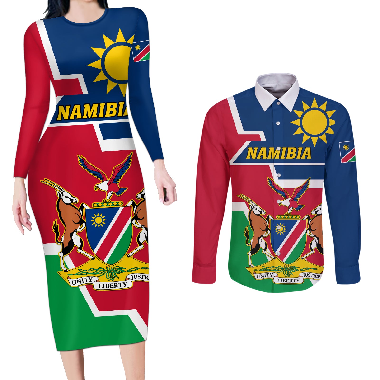 Namibia Independence Day Couples Matching Long Sleeve Bodycon Dress and Long Sleeve Button Shirt Coat Of Arms Unique Style - Wonder Print Shop