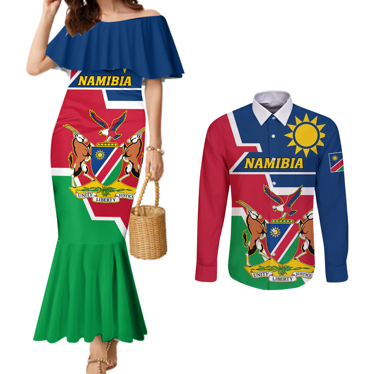 Namibia Independence Day Couples Matching Mermaid Dress and Long Sleeve Button Shirt Coat Of Arms Unique Style