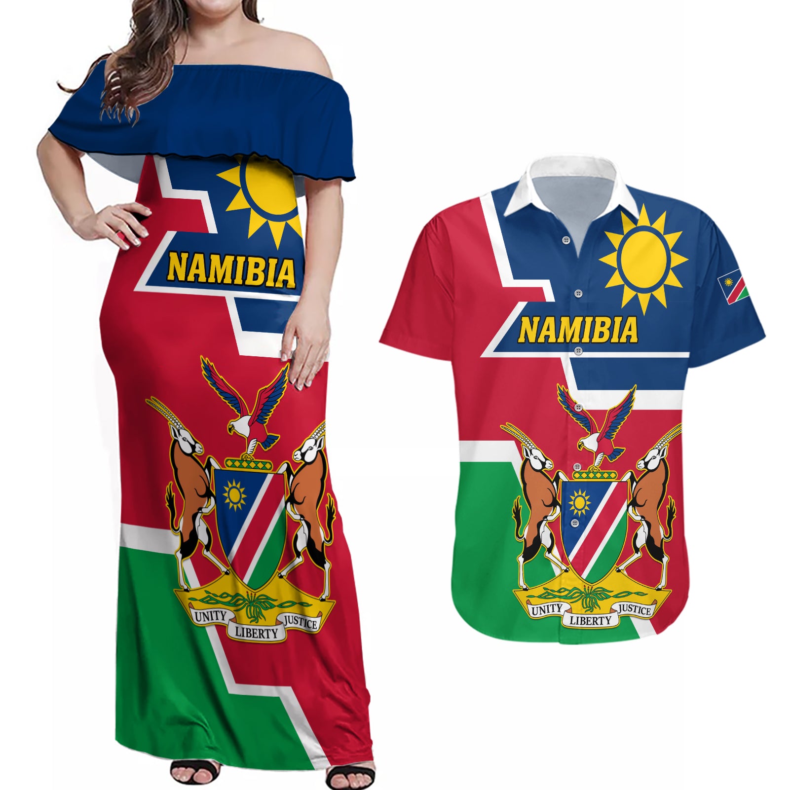 Namibia Independence Day Couples Matching Off Shoulder Maxi Dress and Hawaiian Shirt Coat Of Arms Unique Style - Wonder Print Shop