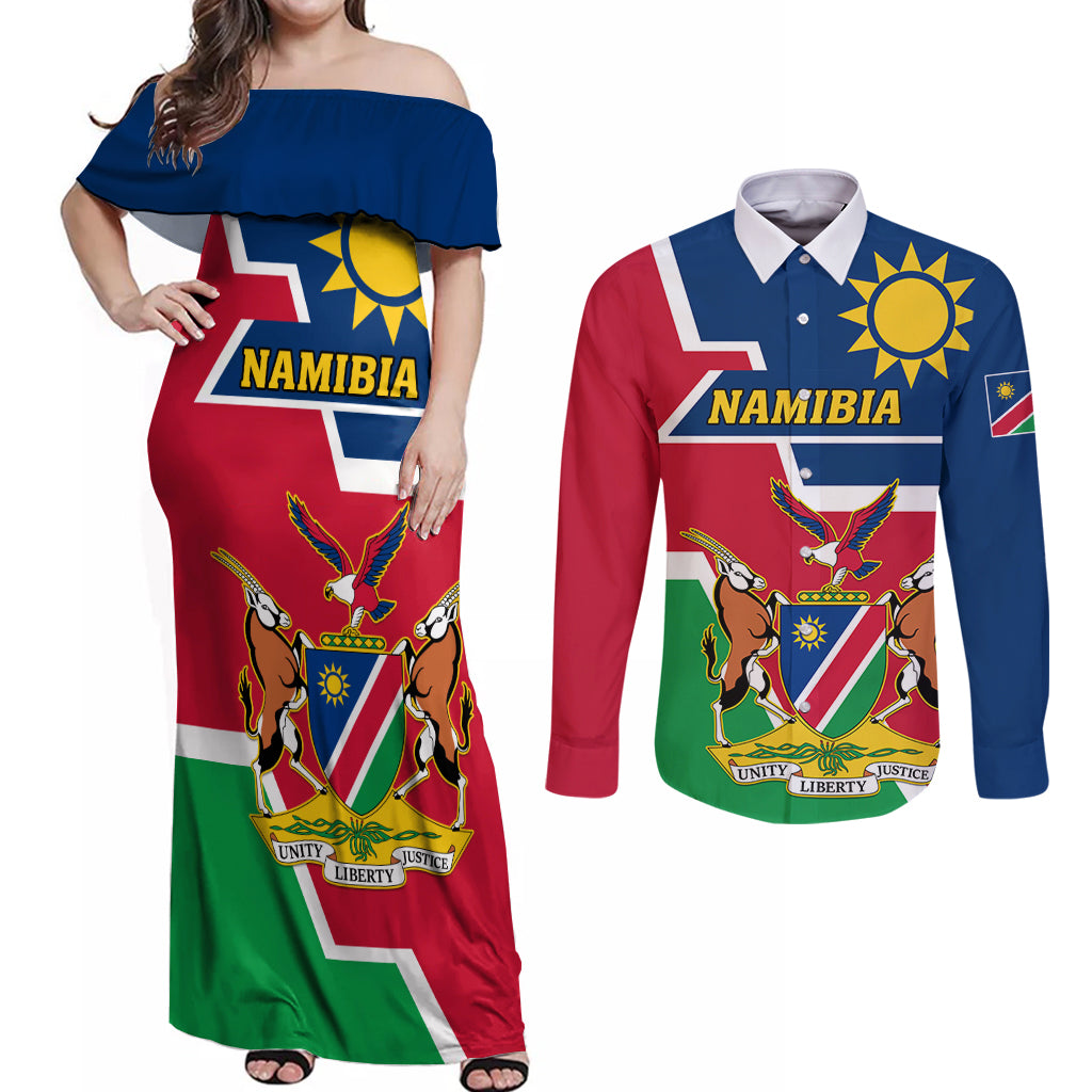 Namibia Independence Day Couples Matching Off Shoulder Maxi Dress and Long Sleeve Button Shirt Coat Of Arms Unique Style - Wonder Print Shop