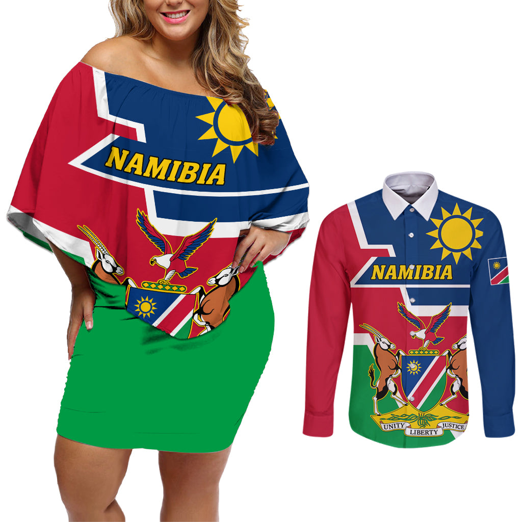 Namibia Independence Day Couples Matching Off Shoulder Short Dress and Long Sleeve Button Shirt Coat Of Arms Unique Style - Wonder Print Shop