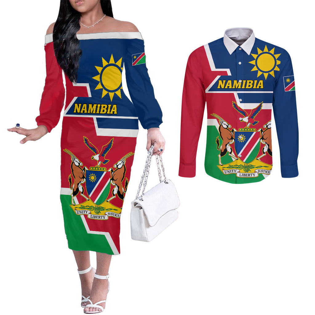 Namibia Independence Day Couples Matching Off The Shoulder Long Sleeve Dress and Long Sleeve Button Shirt Coat Of Arms Unique Style