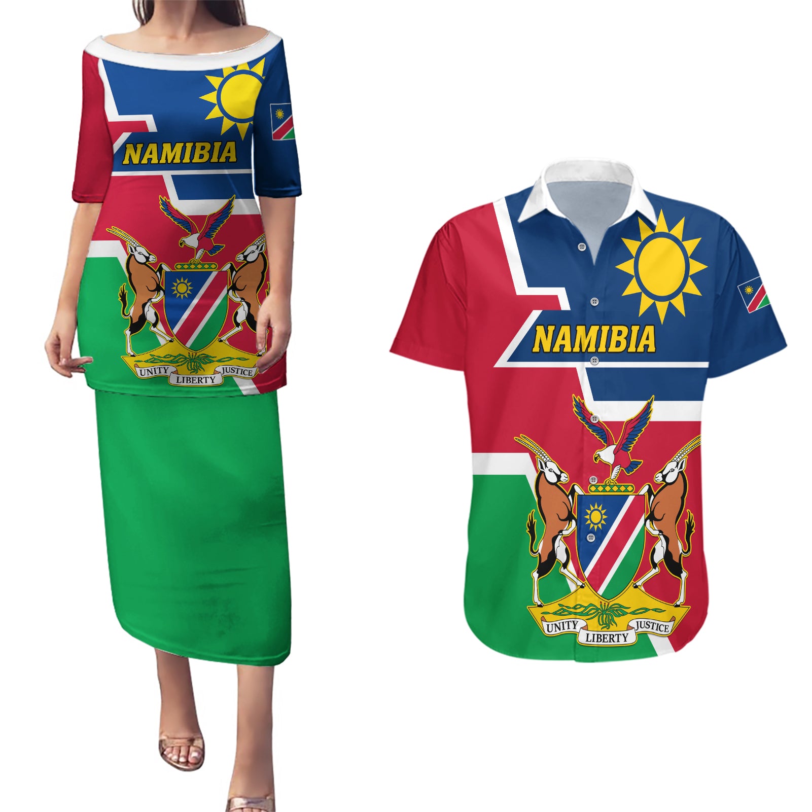 Namibia Independence Day Couples Matching Puletasi and Hawaiian Shirt Coat Of Arms Unique Style - Wonder Print Shop