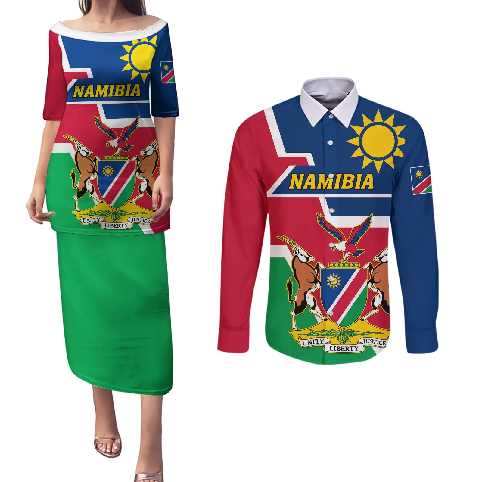 Namibia Independence Day Couples Matching Puletasi and Long Sleeve Button Shirt Coat Of Arms Unique Style - Wonder Print Shop