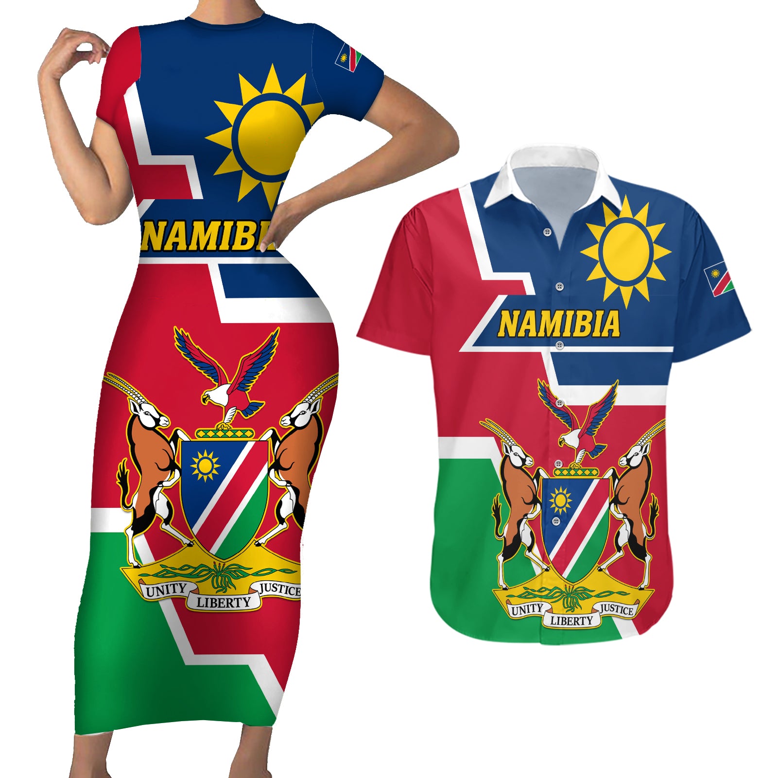 Namibia Independence Day Couples Matching Short Sleeve Bodycon Dress and Hawaiian Shirt Coat Of Arms Unique Style - Wonder Print Shop