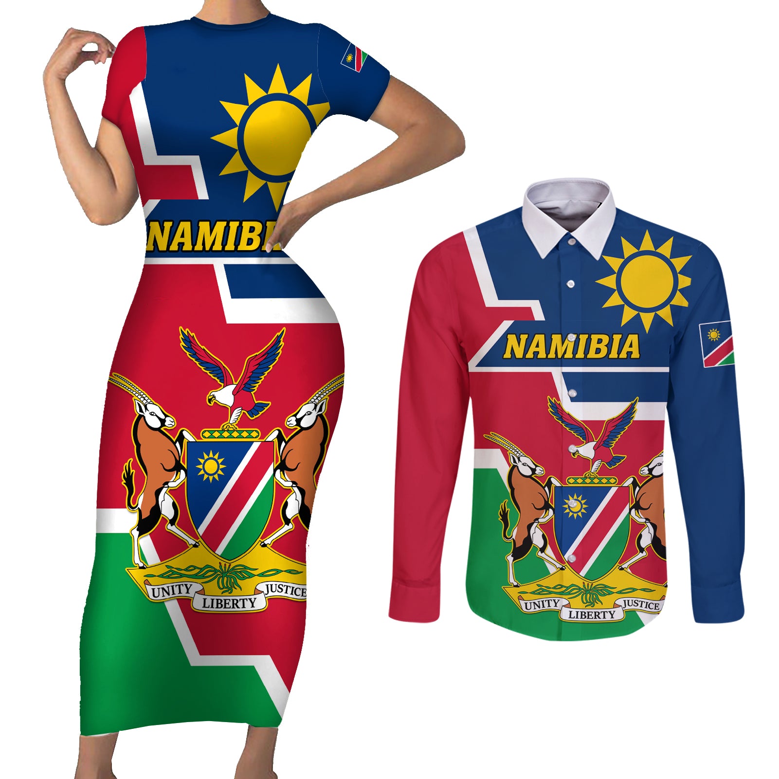 Namibia Independence Day Couples Matching Short Sleeve Bodycon Dress and Long Sleeve Button Shirt Coat Of Arms Unique Style - Wonder Print Shop