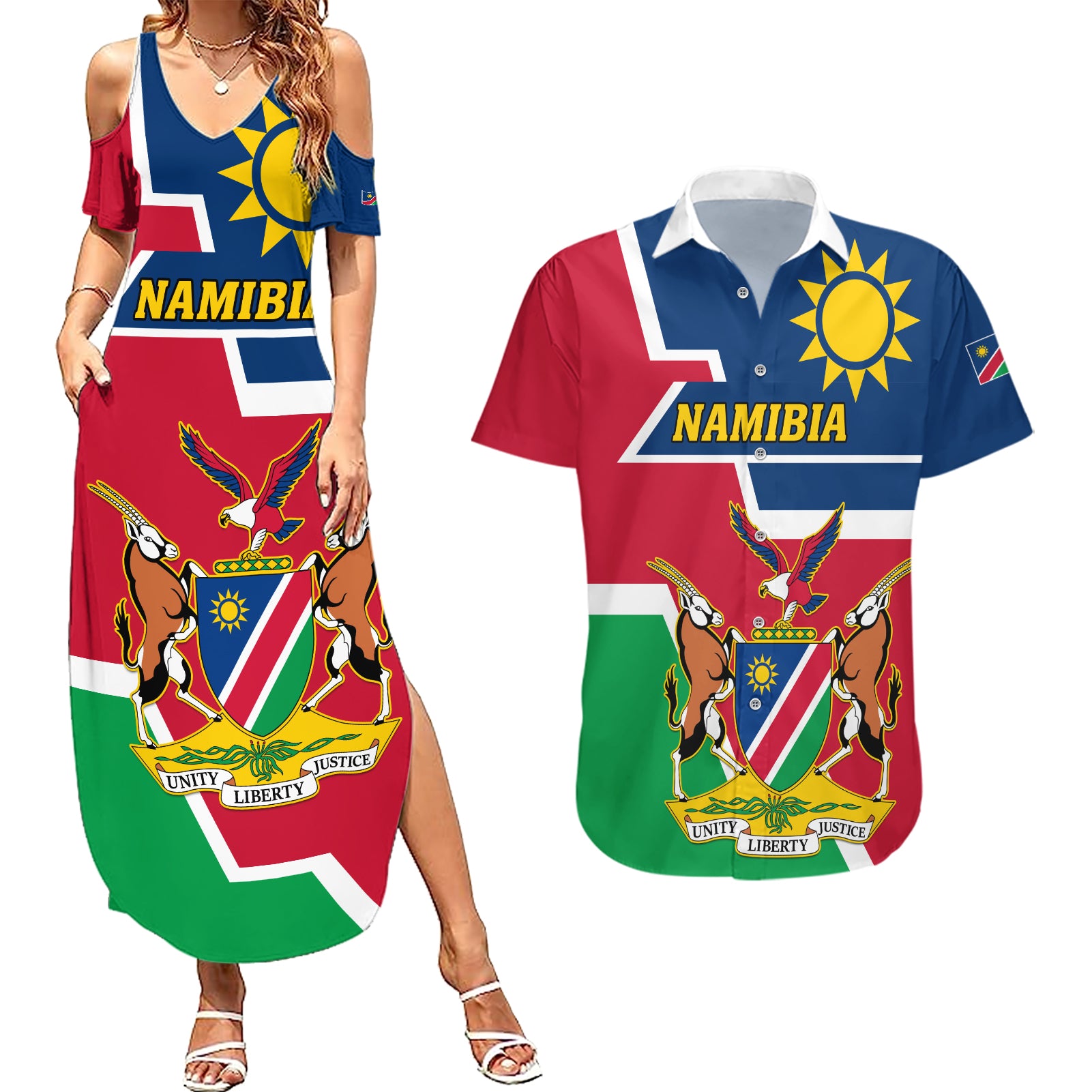 Namibia Independence Day Couples Matching Summer Maxi Dress and Hawaiian Shirt Coat Of Arms Unique Style - Wonder Print Shop