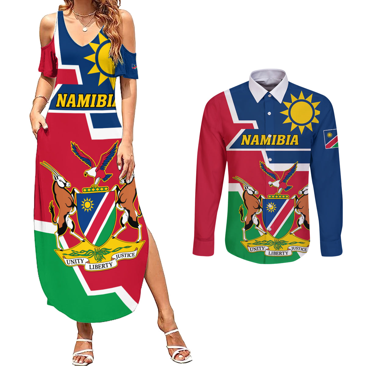 Namibia Independence Day Couples Matching Summer Maxi Dress and Long Sleeve Button Shirt Coat Of Arms Unique Style - Wonder Print Shop