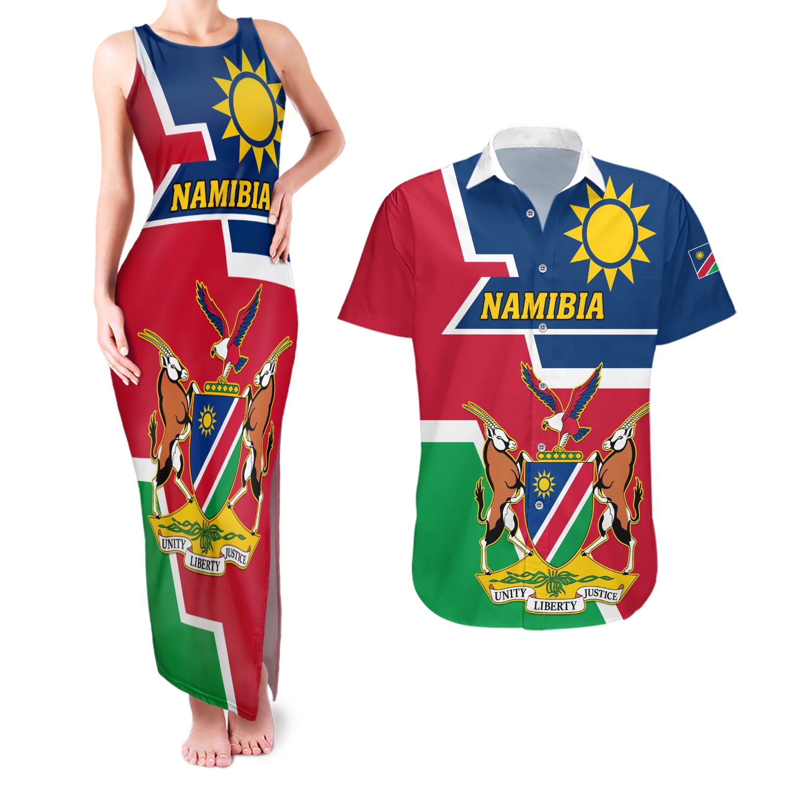 Namibia Independence Day Couples Matching Tank Maxi Dress and Hawaiian Shirt Coat Of Arms Unique Style - Wonder Print Shop