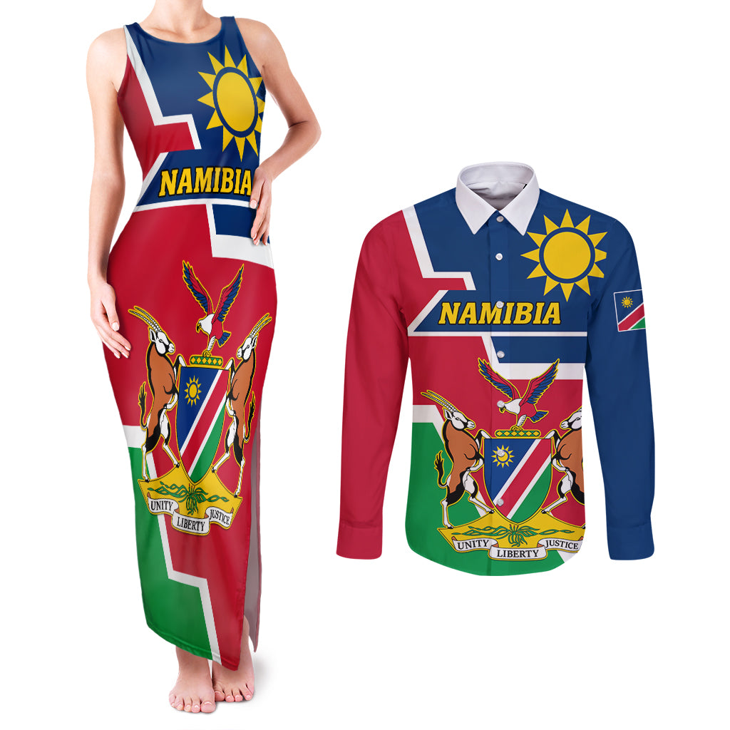 Namibia Independence Day Couples Matching Tank Maxi Dress and Long Sleeve Button Shirt Coat Of Arms Unique Style - Wonder Print Shop