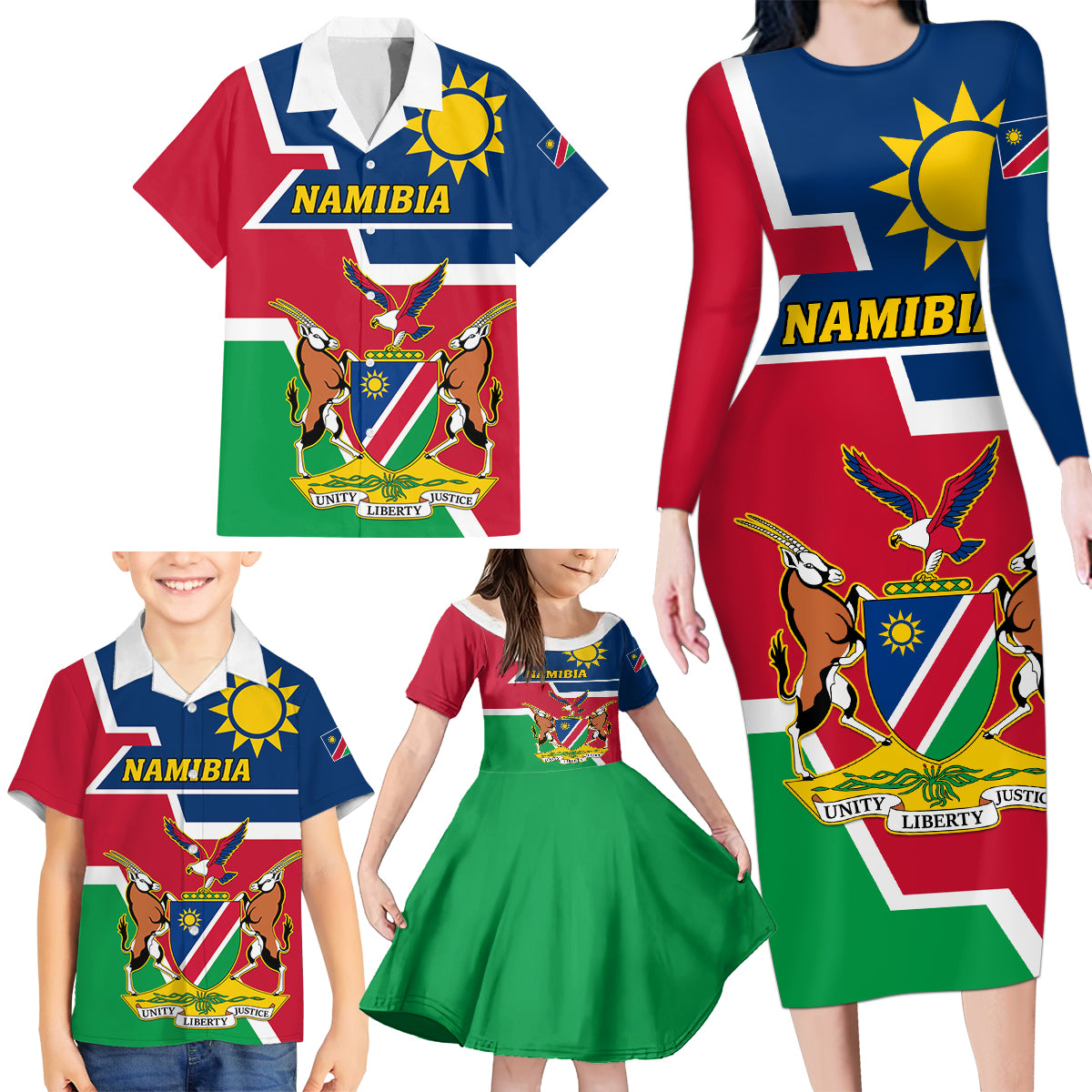 Namibia Independence Day Family Matching Long Sleeve Bodycon Dress and Hawaiian Shirt Coat Of Arms Unique Style - Wonder Print Shop