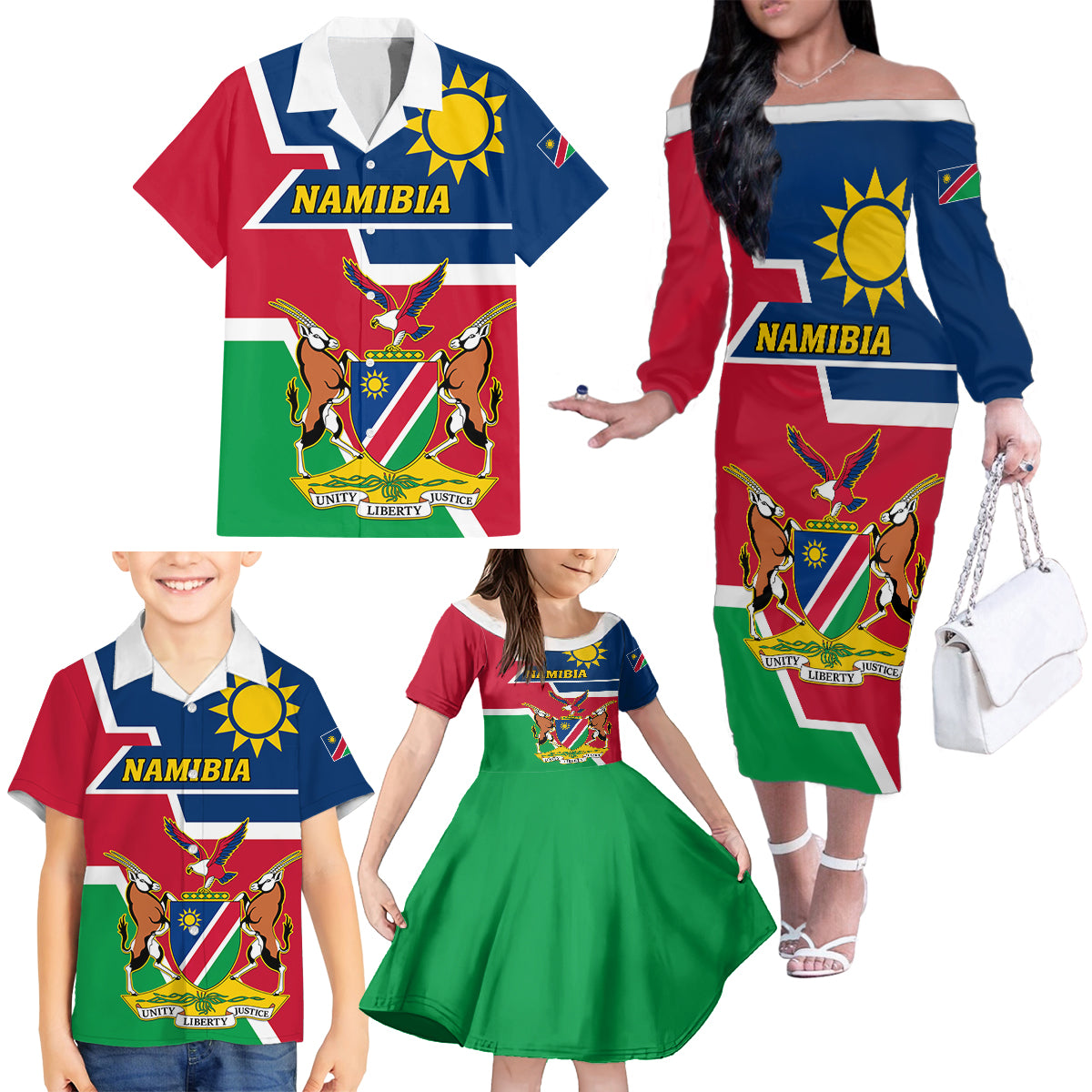 Namibia Independence Day Family Matching Off Shoulder Long Sleeve Dress and Hawaiian Shirt Coat Of Arms Unique Style - Wonder Print Shop