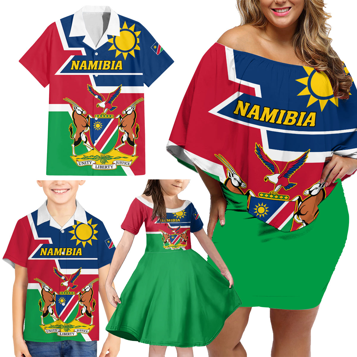 Namibia Independence Day Family Matching Off Shoulder Short Dress and Hawaiian Shirt Coat Of Arms Unique Style - Wonder Print Shop