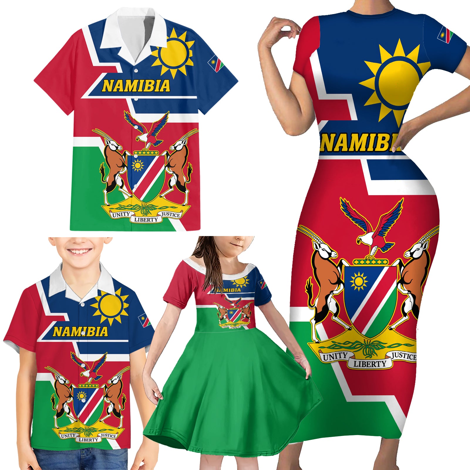 Namibia Independence Day Family Matching Short Sleeve Bodycon Dress and Hawaiian Shirt Coat Of Arms Unique Style - Wonder Print Shop