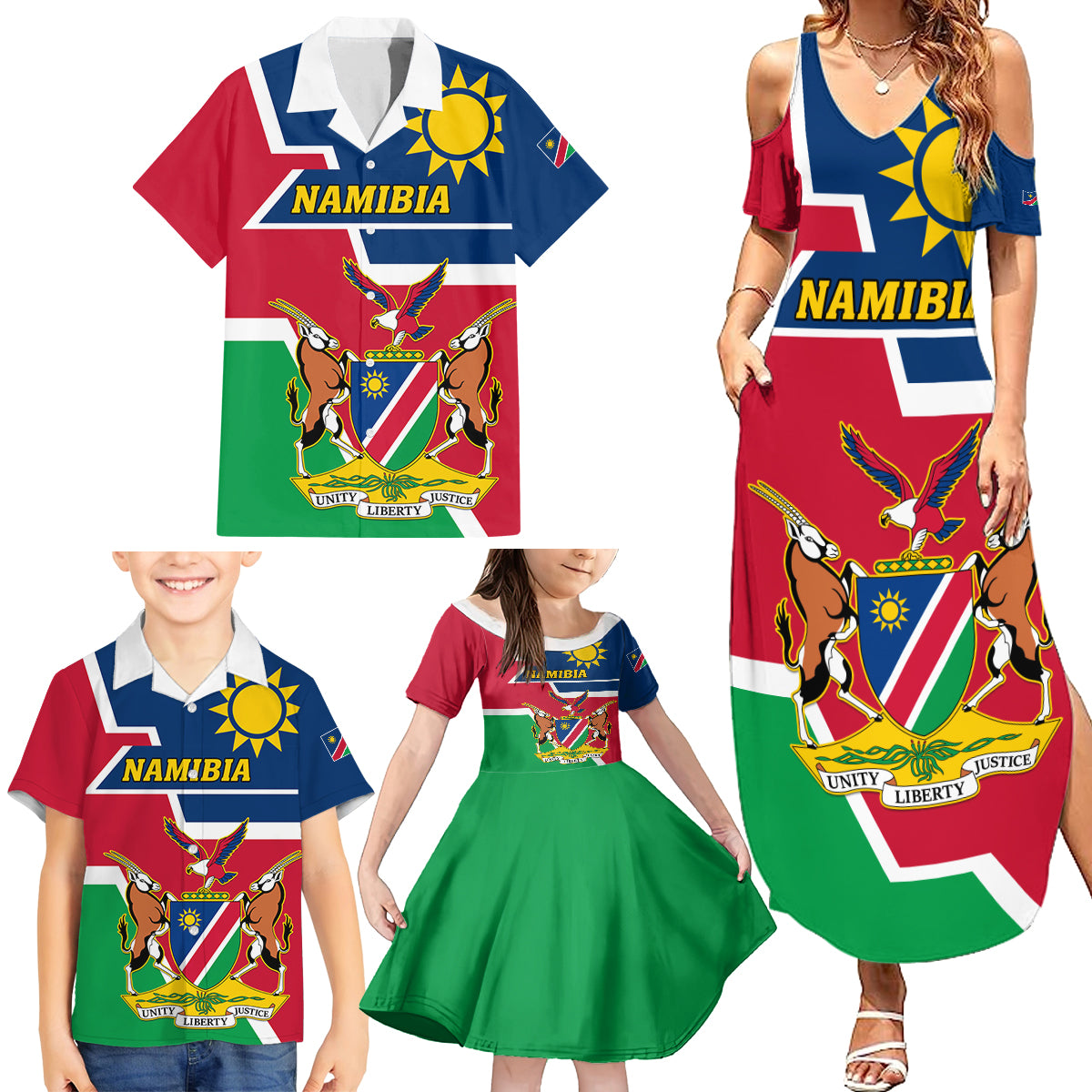 Namibia Independence Day Family Matching Summer Maxi Dress and Hawaiian Shirt Coat Of Arms Unique Style - Wonder Print Shop