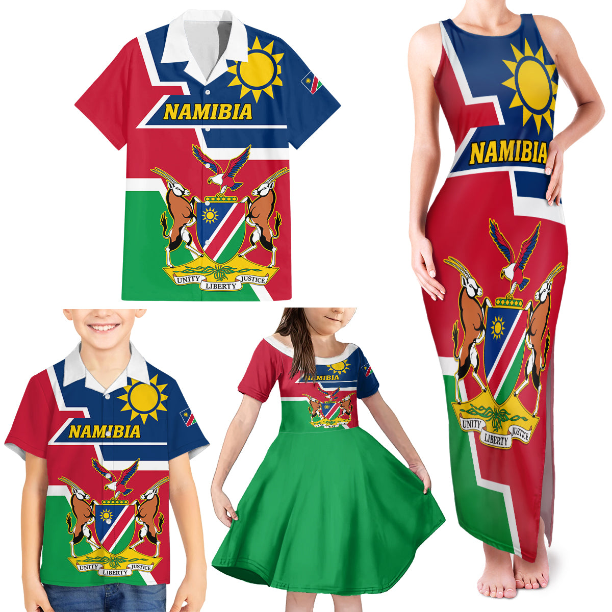 Namibia Independence Day Family Matching Tank Maxi Dress and Hawaiian Shirt Coat Of Arms Unique Style - Wonder Print Shop