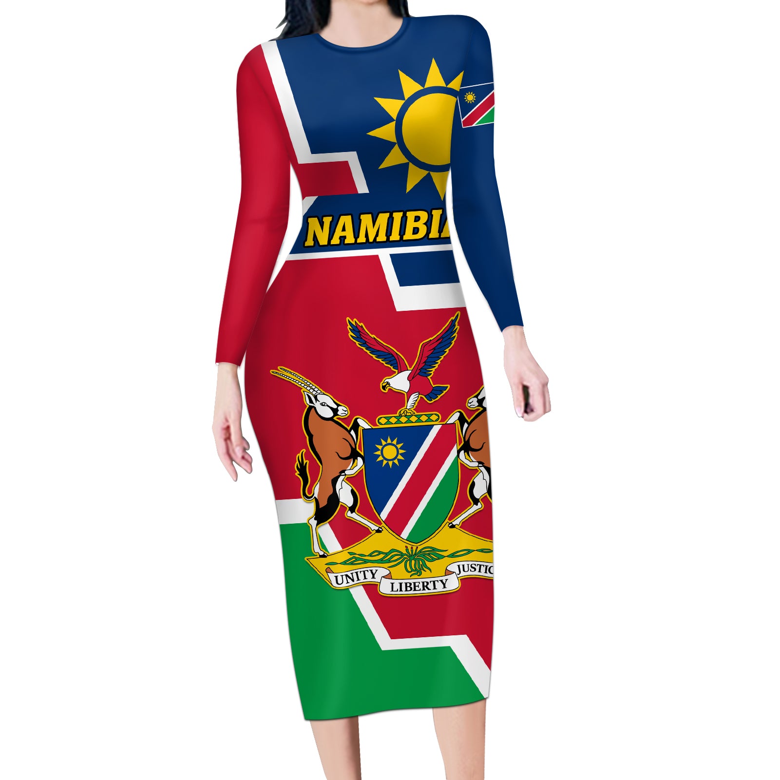 Namibia Independence Day Long Sleeve Bodycon Dress Coat Of Arms Unique Style - Wonder Print Shop