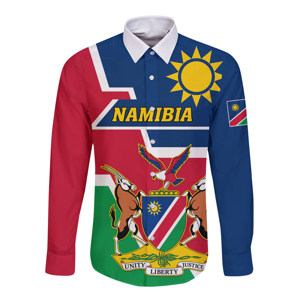 Long-sleeve button shirt with Namibia coat of arms graphic, red blue green