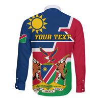 Long-sleeve button shirt, back print with sun emblem and 'YOUR TEXT', red blue green
