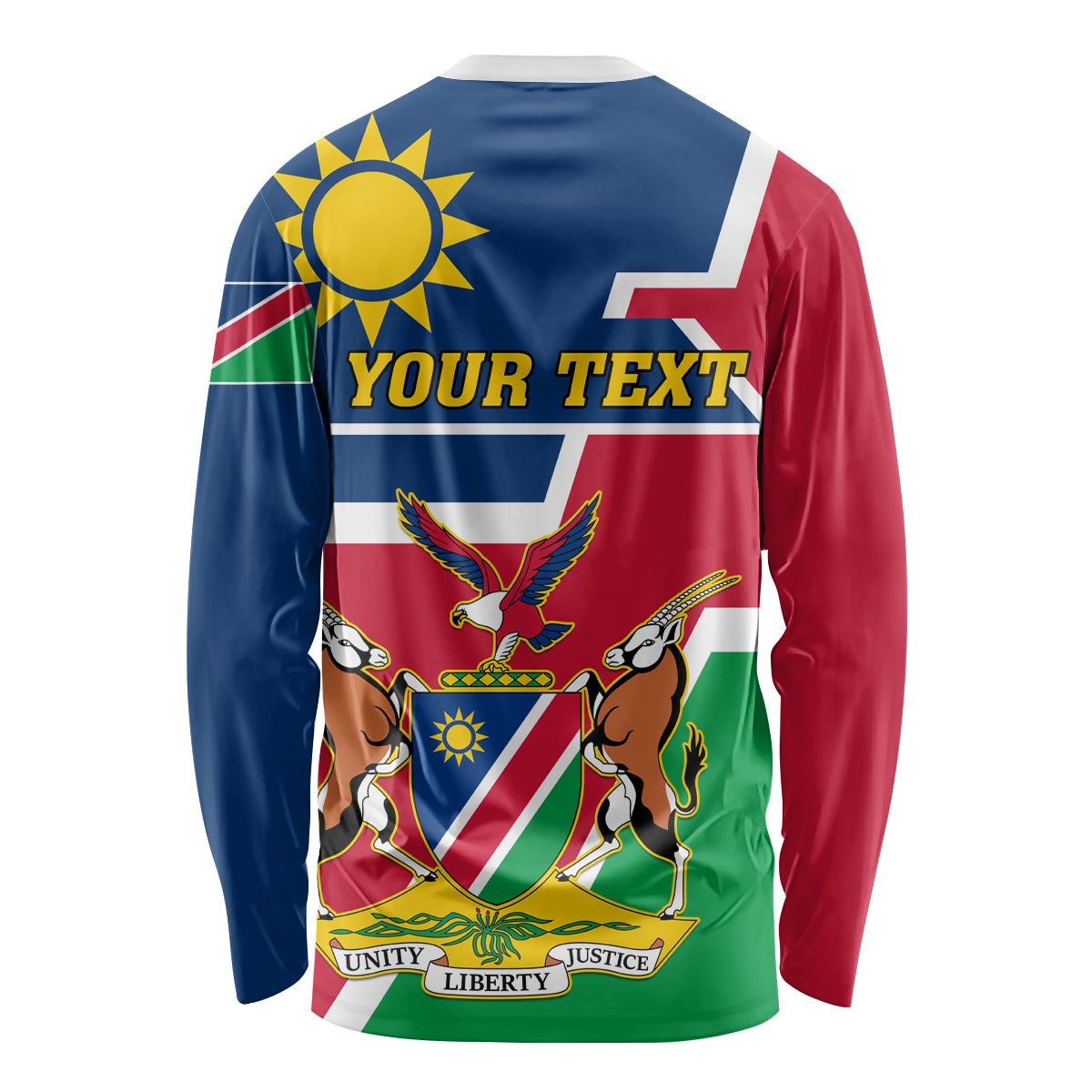 Unisex long-sleeve shirt with Namibia coat of arms flag graphic, back with 'YOUR TEXT'