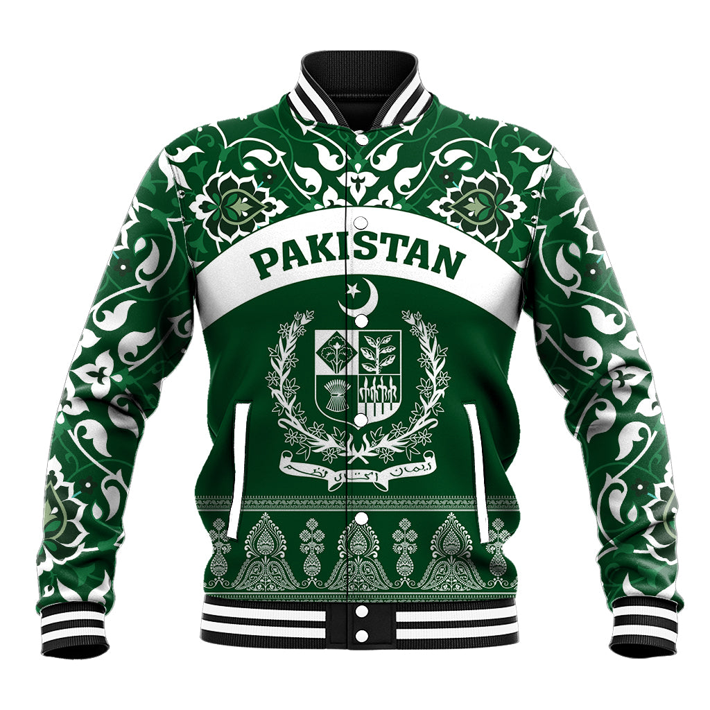 Green baseball jacket with white floral pattern, front crest and 'PAKISTAN' text