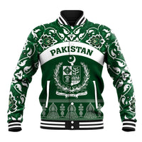 Green baseball jacket with white floral pattern, front crest and 'PAKISTAN' text