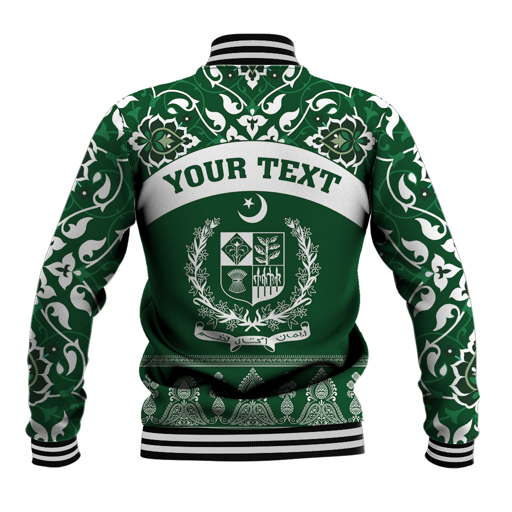 Green baseball jacket with white pattern, back crest and 'YOUR TEXT' lettering