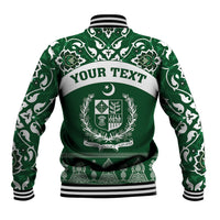 Green baseball jacket with white pattern, back crest and 'YOUR TEXT' lettering