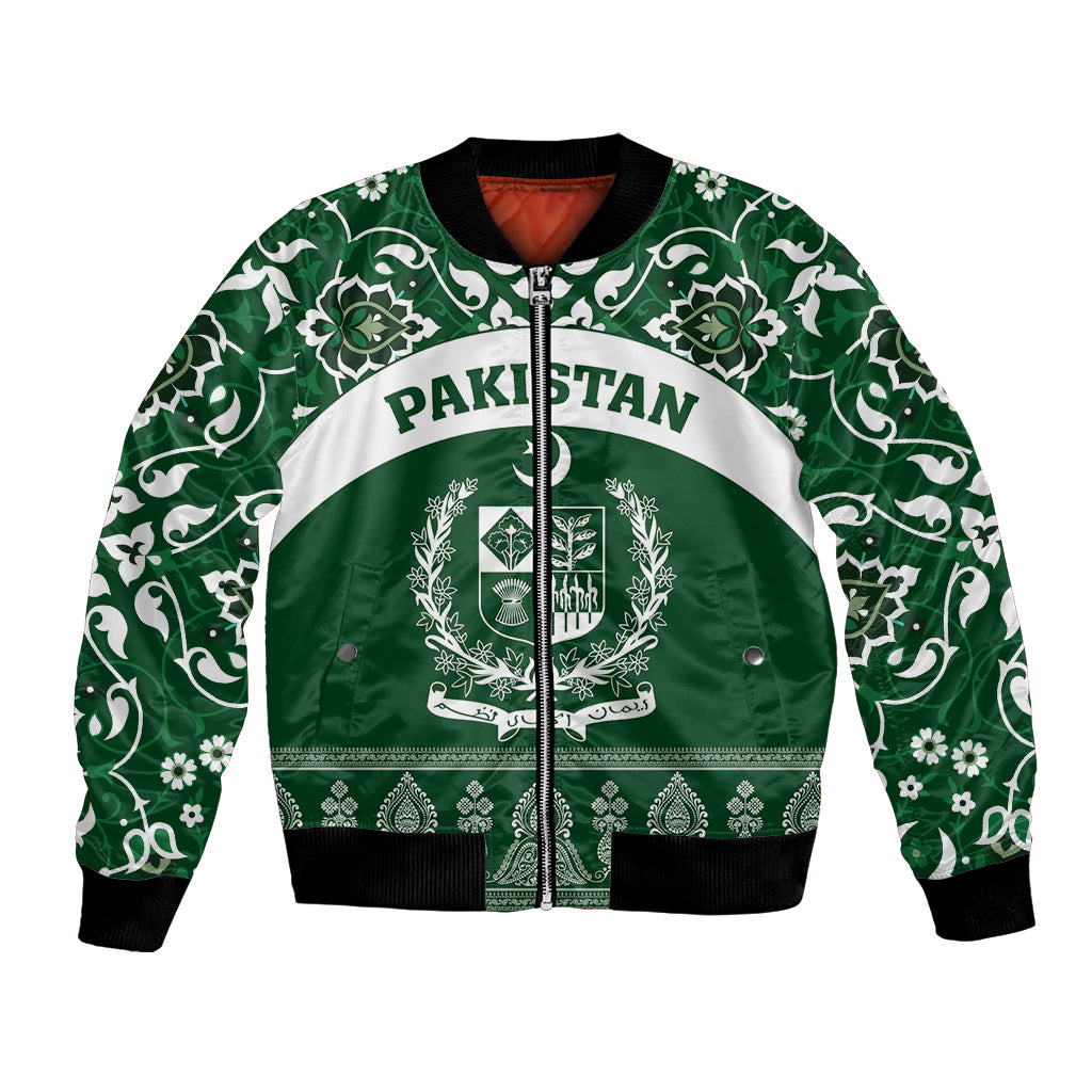Green bomber jacket with full front zip, white floral pattern and 'PAKISTAN' print