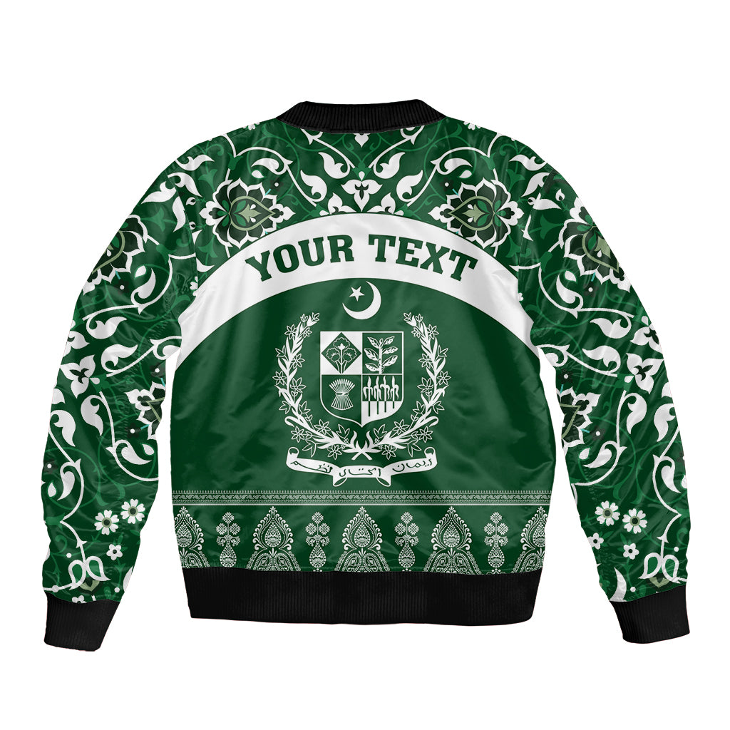 Green bomber jacket with full zip, white ornament print and 'YOUR TEXT' banner