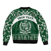 Green bomber jacket with full zip, white ornament print and 'YOUR TEXT' banner