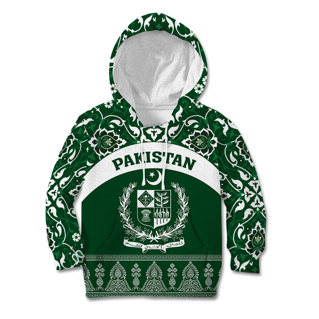 Pakistan Day Kid Hoodie Coat Of Arms Mix Islamic Pattern - Wonder Print Shop