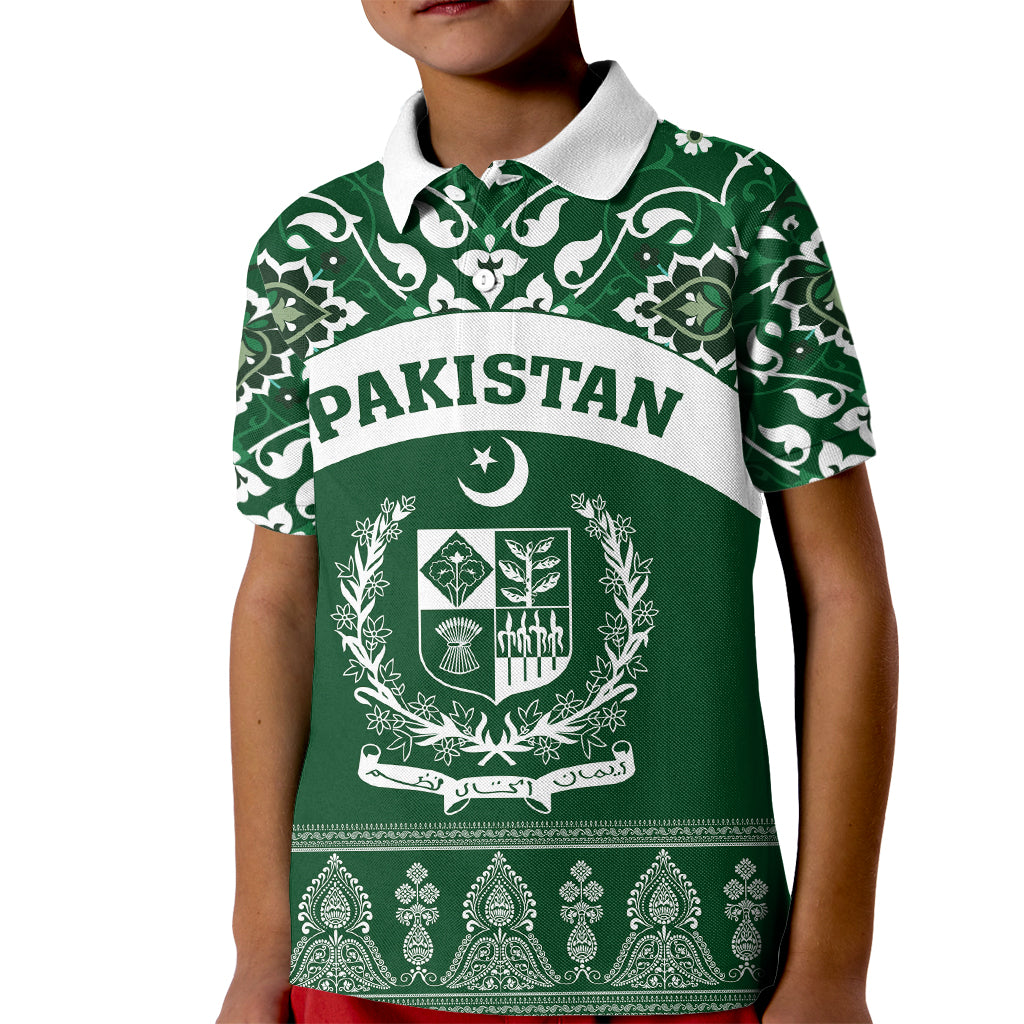 Pakistan Day Kid Polo Shirt Coat Of Arms Mix Islamic Pattern - Wonder Print Shop