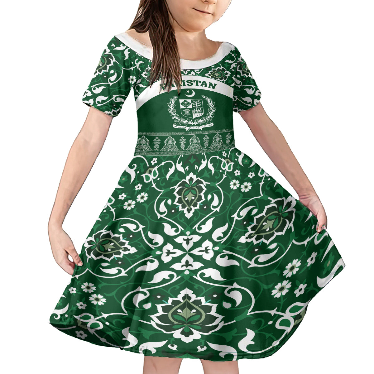 Pakistan Day Kid Short Sleeve Dress Coat Of Arms Mix Islamic Pattern - Wonder Print Shop