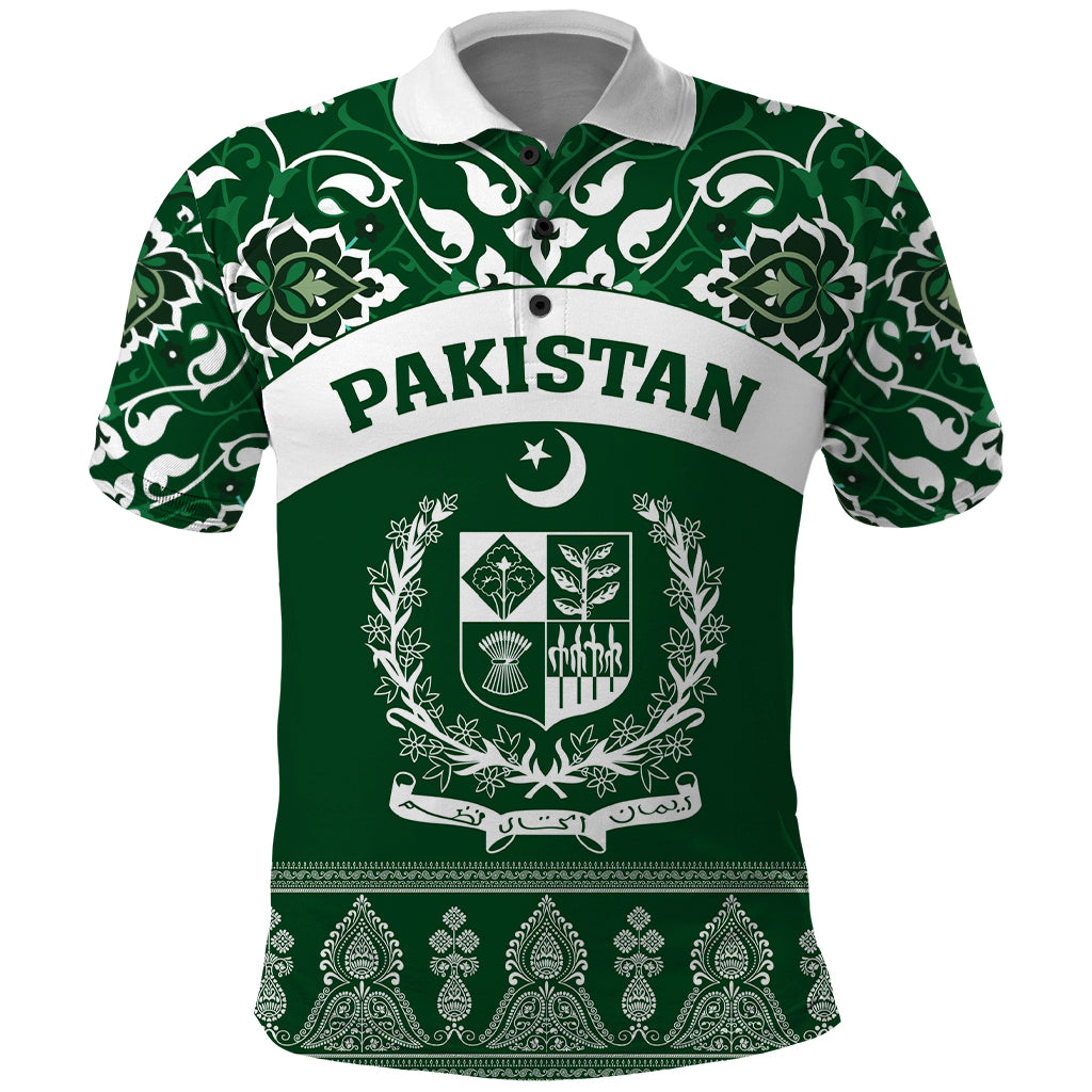 Pakistan Day Polo Shirt Coat Of Arms Mix Islamic Pattern - Wonder Print Shop