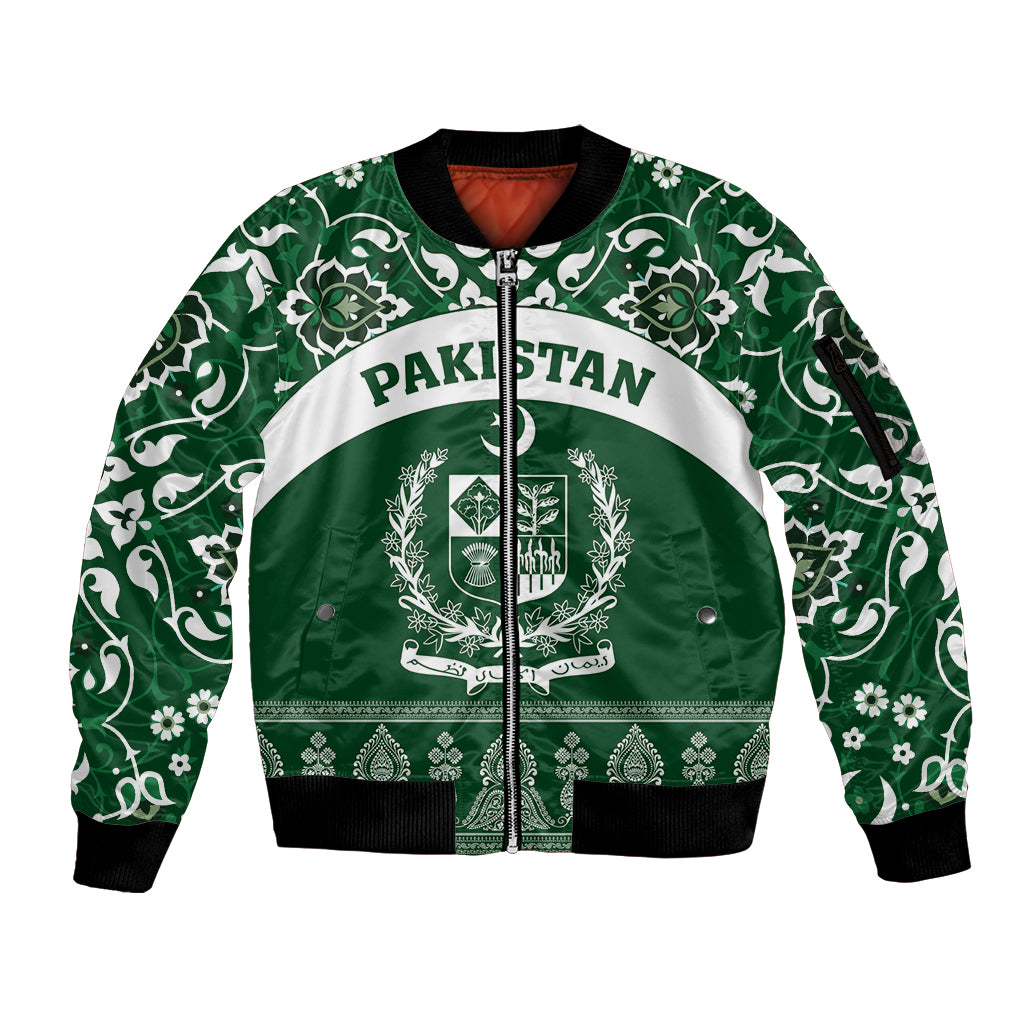 Pakistan Day Sleeve Zip Bomber Jacket Coat Of Arms Mix Islamic Pattern