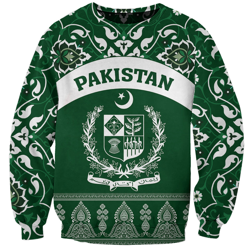 Unisex green sweatshirt with white Islamic pattern and Pakistan coat of arms front print