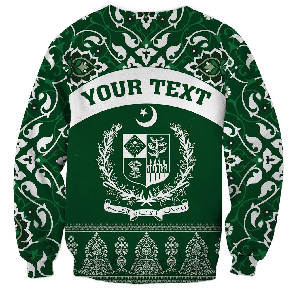 Unisex green sweatshirt with white Islamic pattern and custom-style banner text front print