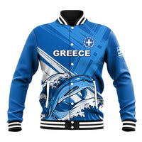 Blue baseball jacket with Greece dolphin graphic, snap front, striped collar and cuffs