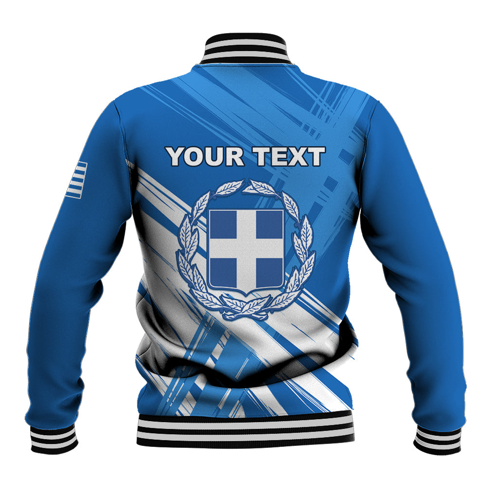 Blue baseball jacket back with Greek wreath and stripes, striped collar and hem