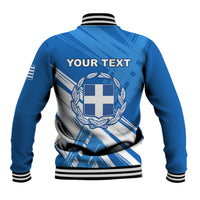 Blue baseball jacket back with Greek wreath and stripes, striped collar and hem