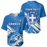 Blue baseball jersey front and back set: Greece dolphin and Greek crest, short sleeves