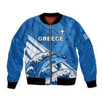 Blue bomber jacket with front zip, Greek flag stripes, and dolphin graphic